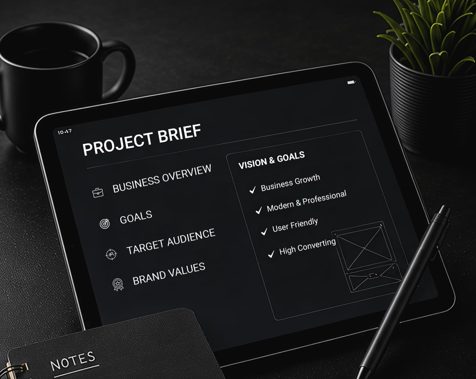 Project brief and vision goals mockup on a tablet