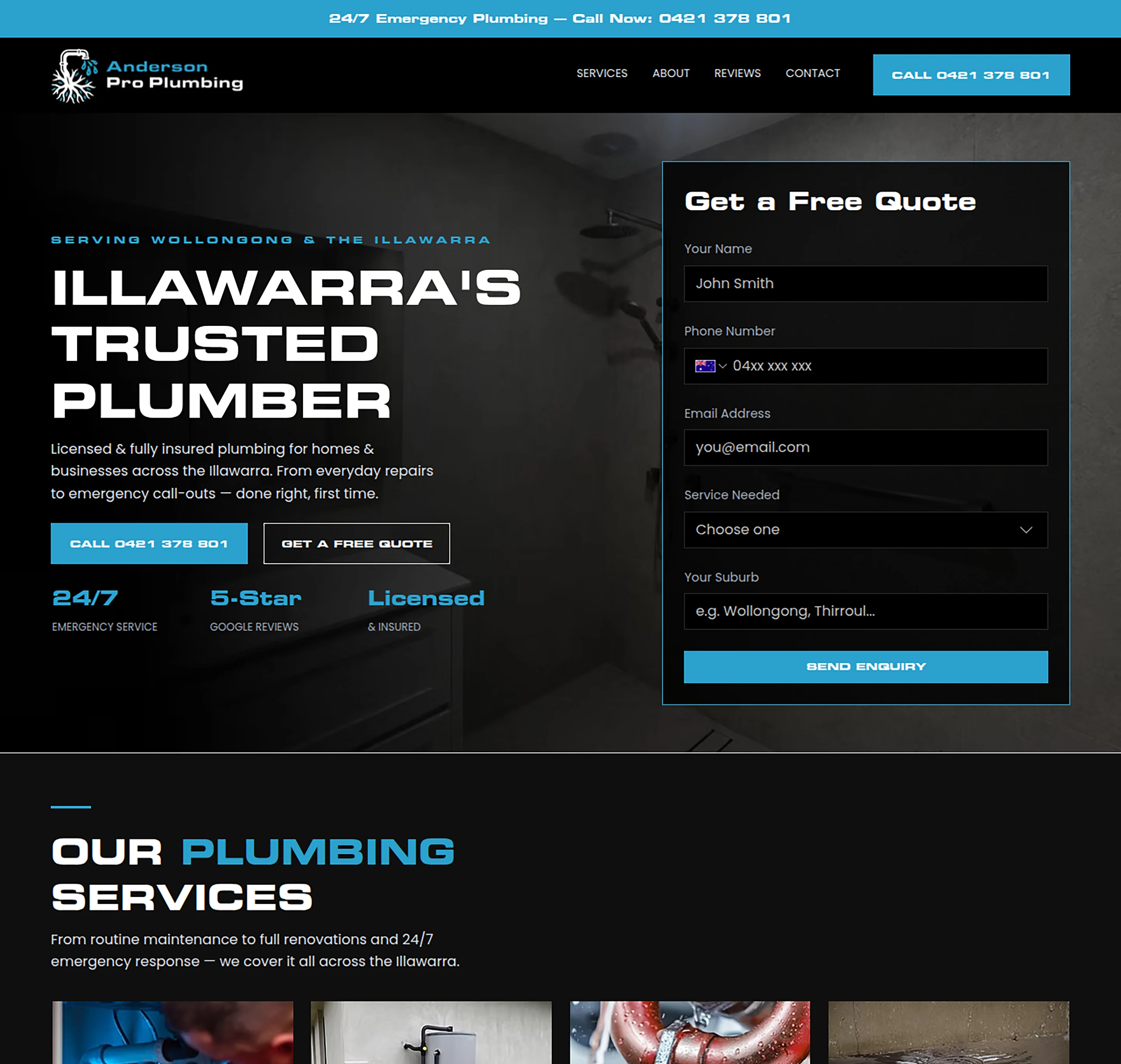 Plumber website design for Anderson Pro Plumbing