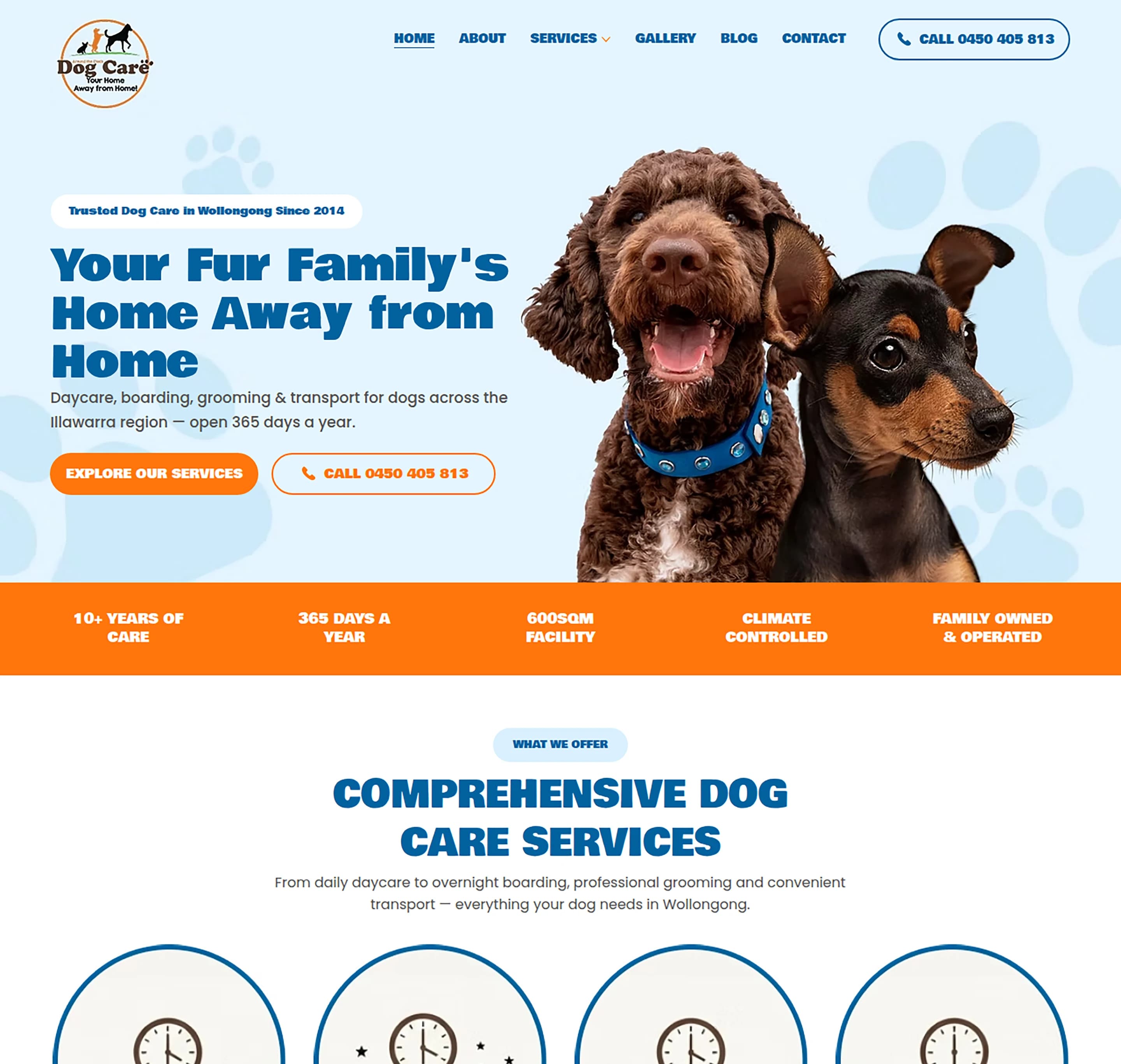Dog Daycare website design for Around the Clock Dog Care