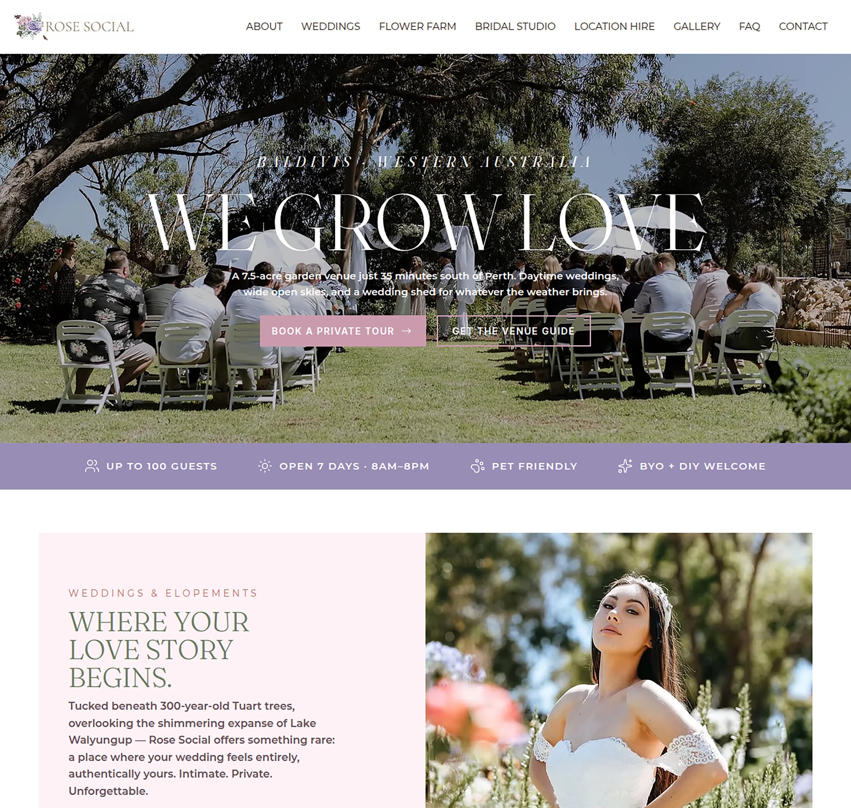 Wedding Venue website design for Rose Social
