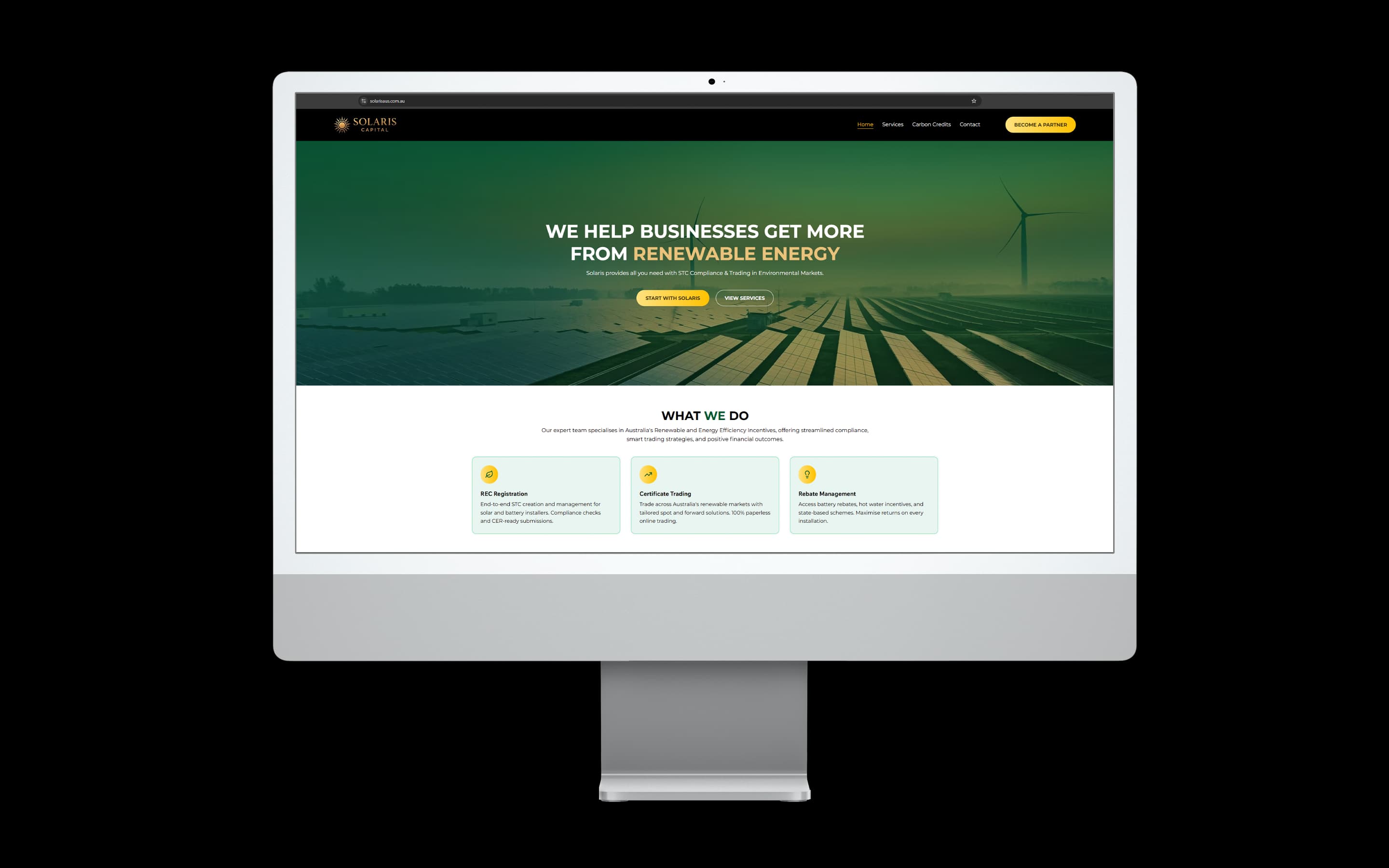 Renewable Energy website design for Solaris Australia — desktop mockup