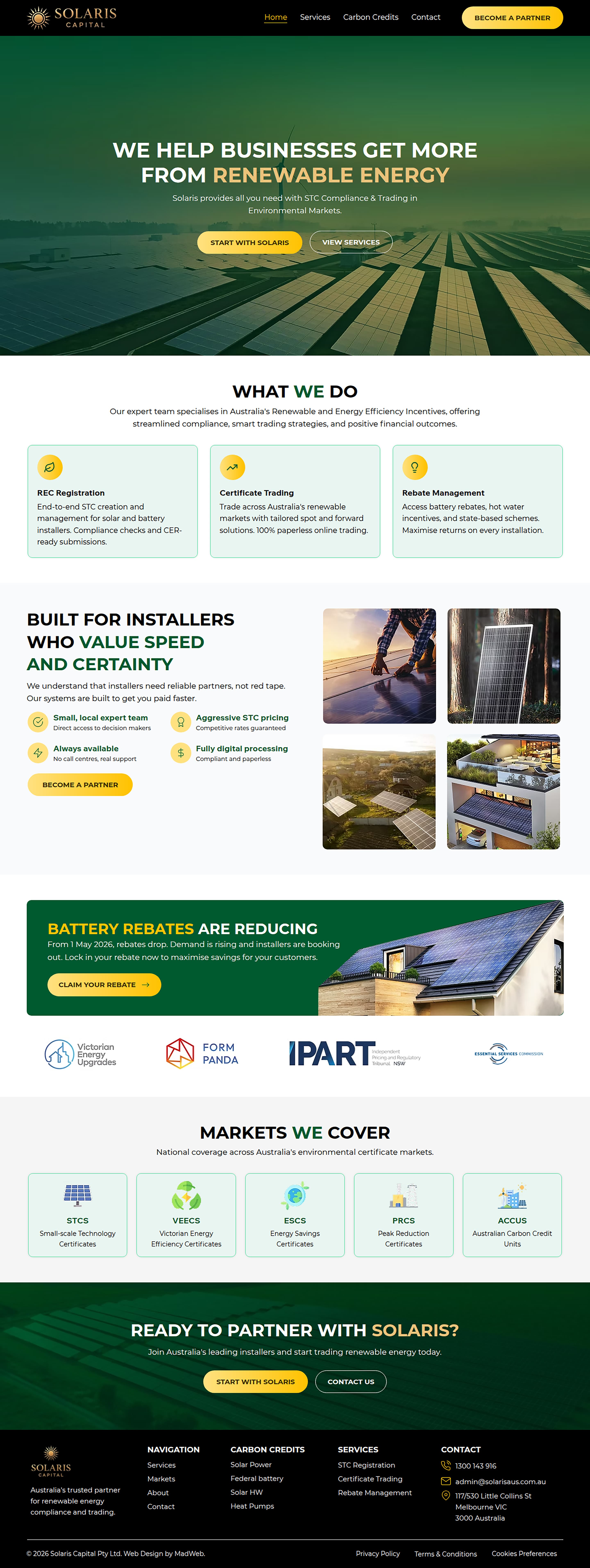 Renewable Energy website design for Solaris Australia — full homepage scroll-through