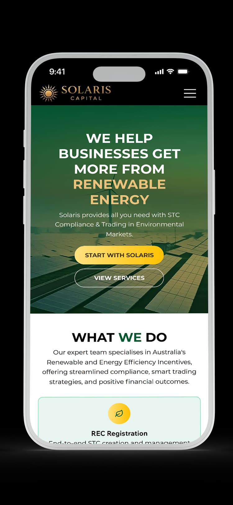 Renewable Energy website design for Solaris Australia — mobile mockup