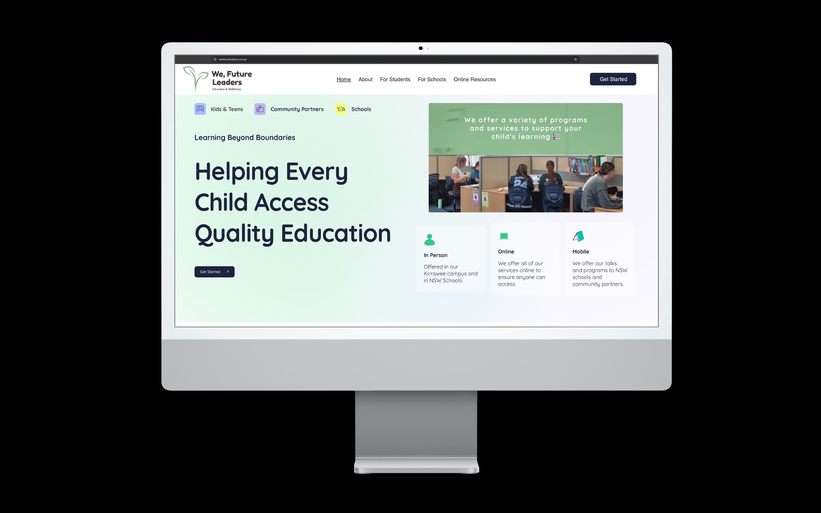 Tutoring website design for We, Future Leaders — desktop mockup
