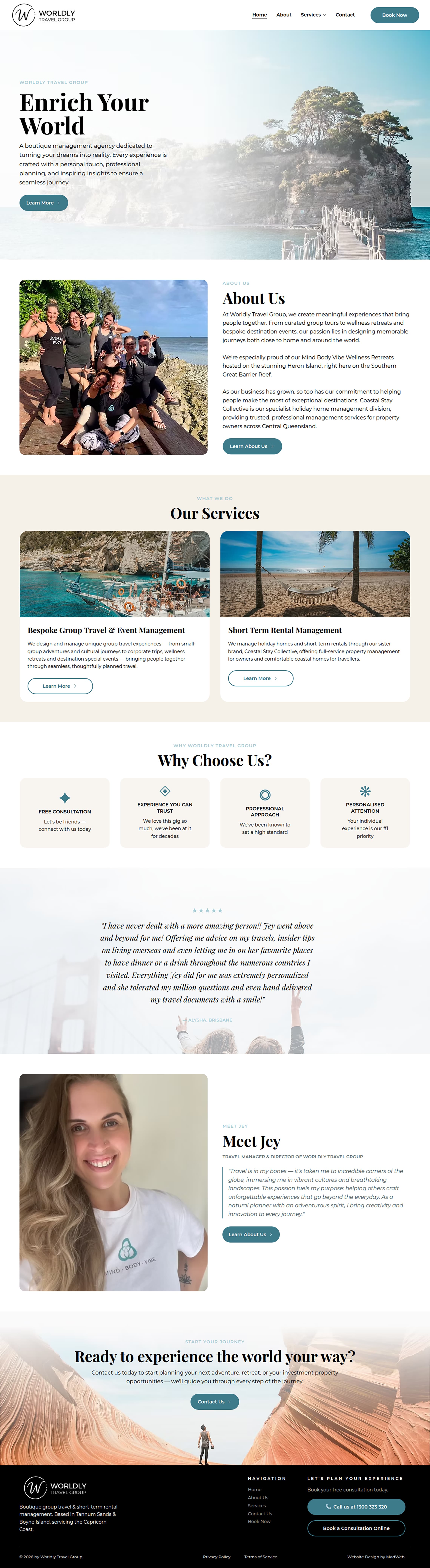 Travel Agency website design for Worldly Travel Group — full homepage scroll-through