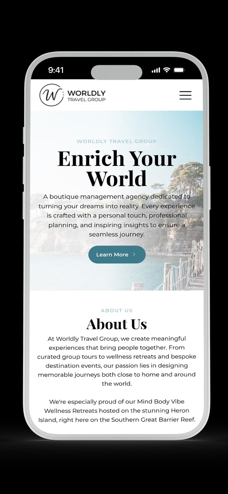 Travel Agency website design for Worldly Travel Group — mobile mockup