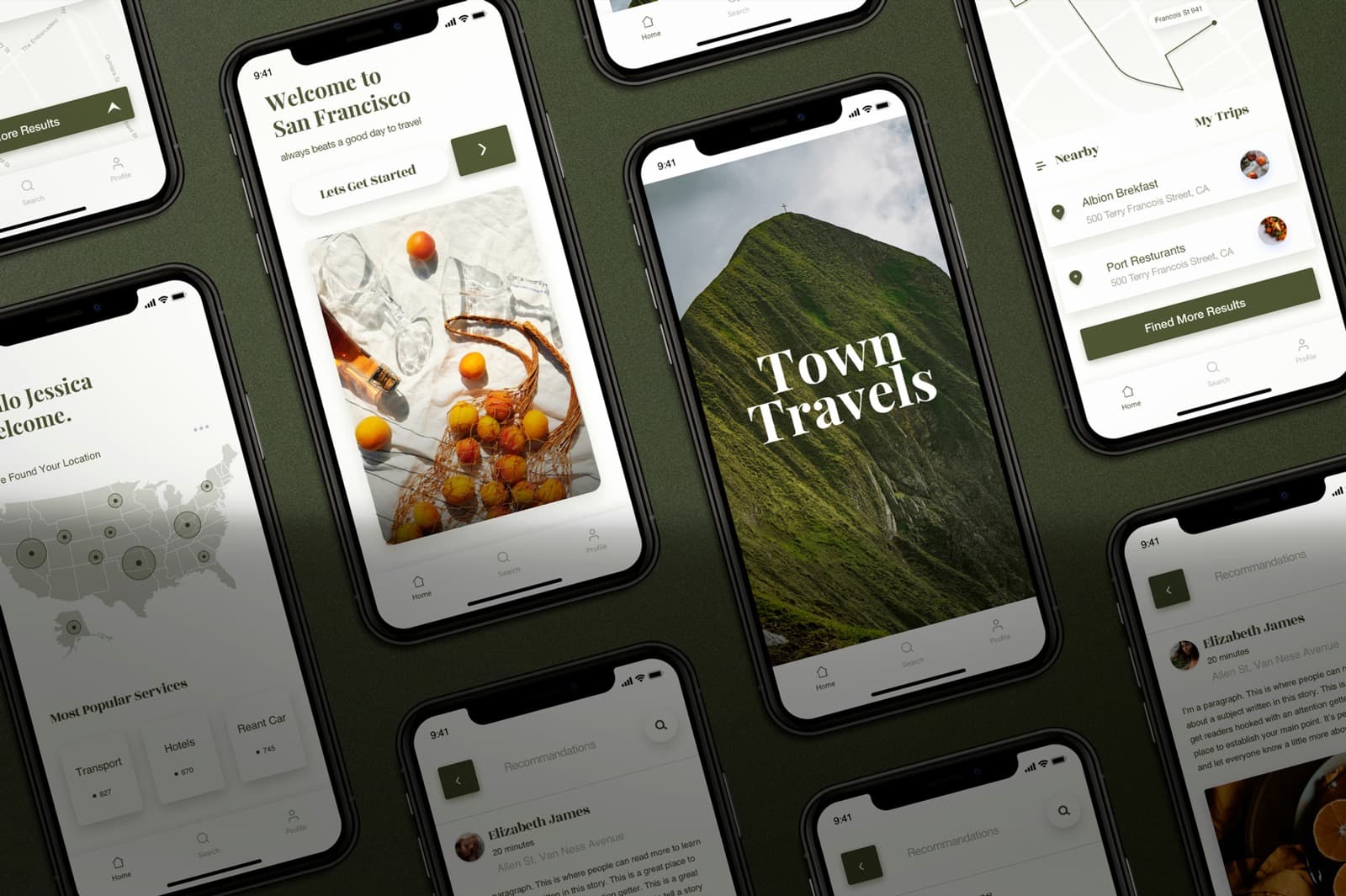 Mobile app and website design mockups displayed across a series of smartphone screens