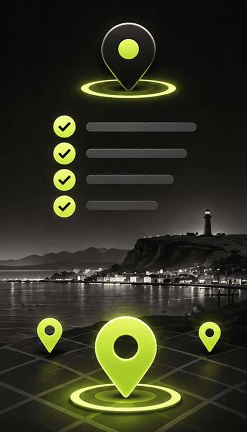 Glowing location pins over a coastal town silhouette, representing suburb-level geo-targeting
