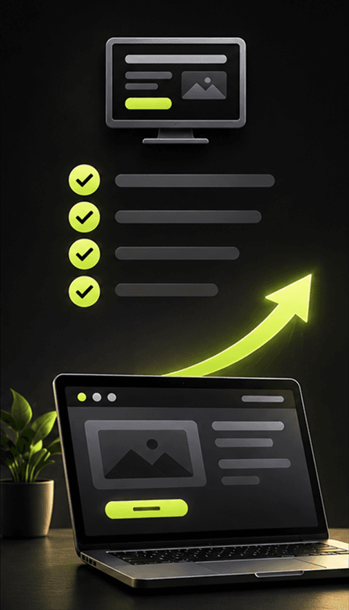 Laptop displaying a landing page beside a rising arrow, representing ad copy and landing pages built to convert