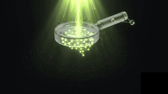 Magnifying glass scanning a glowing neural network, representing AI search visibility