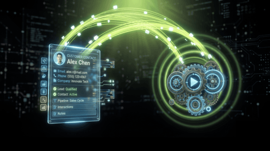 Customer contact card linked to automated gears, representing CRM and marketing automation