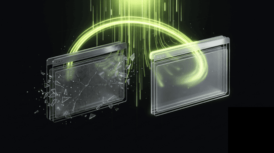 Cracked browser window transforming into a clean glowing pane, representing a website redesign