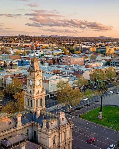 Aerial view of Bendigo's city centre at dusk