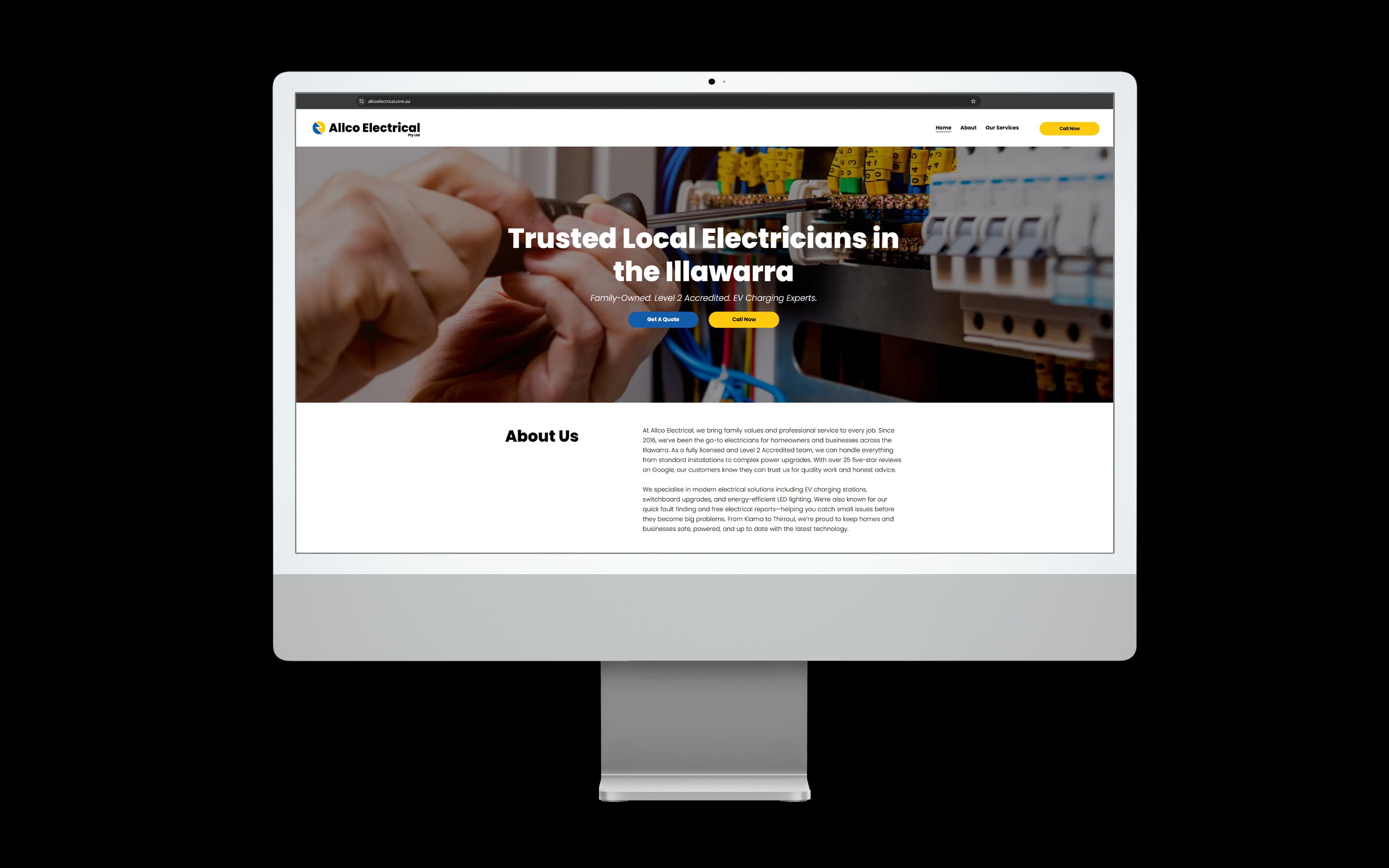 Electrician website design for Allco Electrical — desktop mockup
