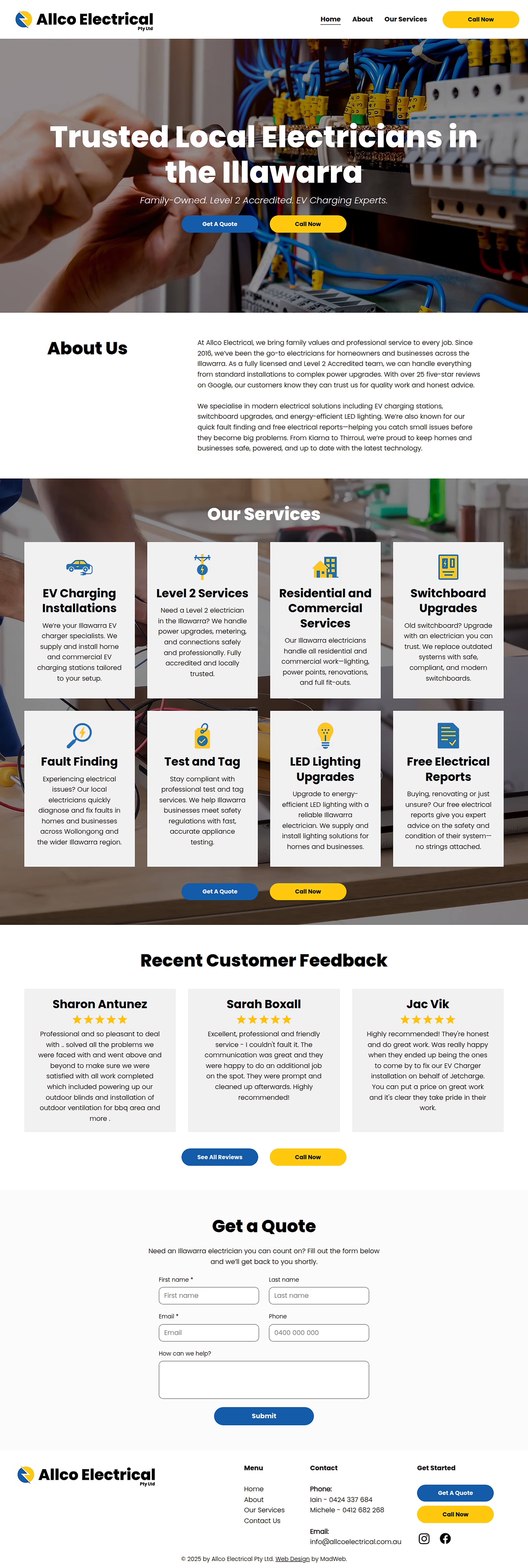 Electrician website design for Allco Electrical — full homepage scroll-through
