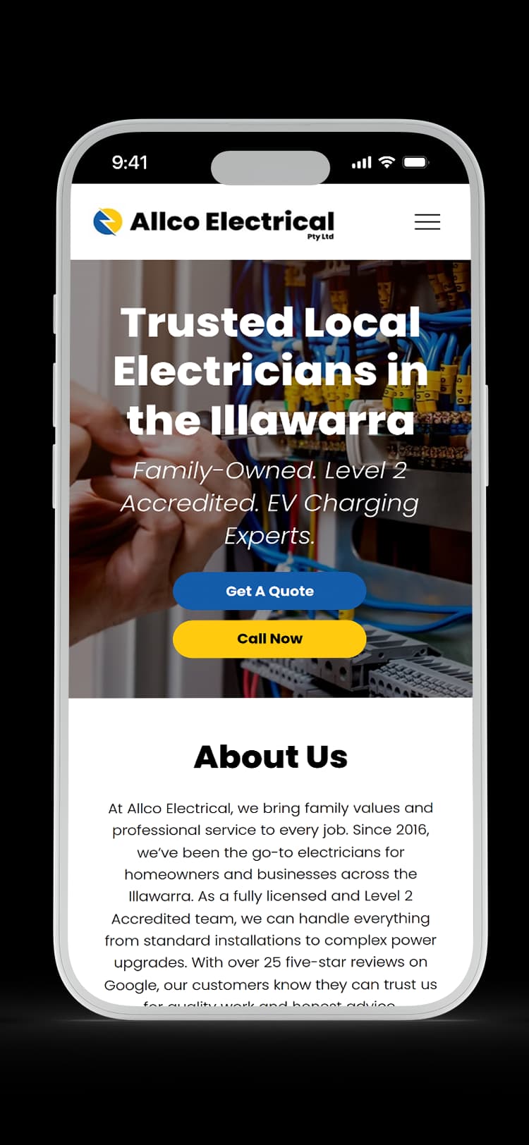 Electrician website design for Allco Electrical — mobile mockup
