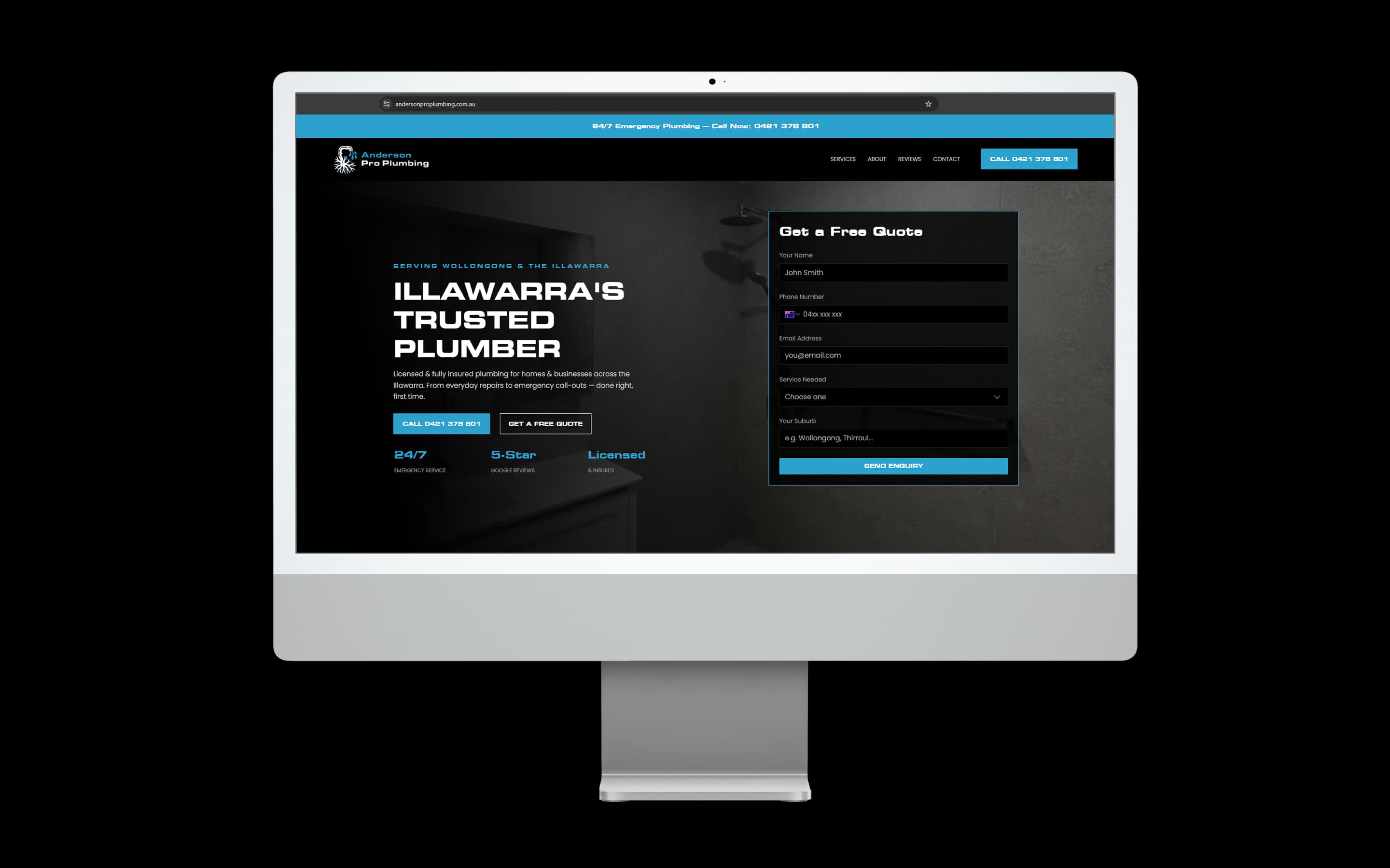 Plumber website design for Anderson Pro Plumbing — desktop mockup