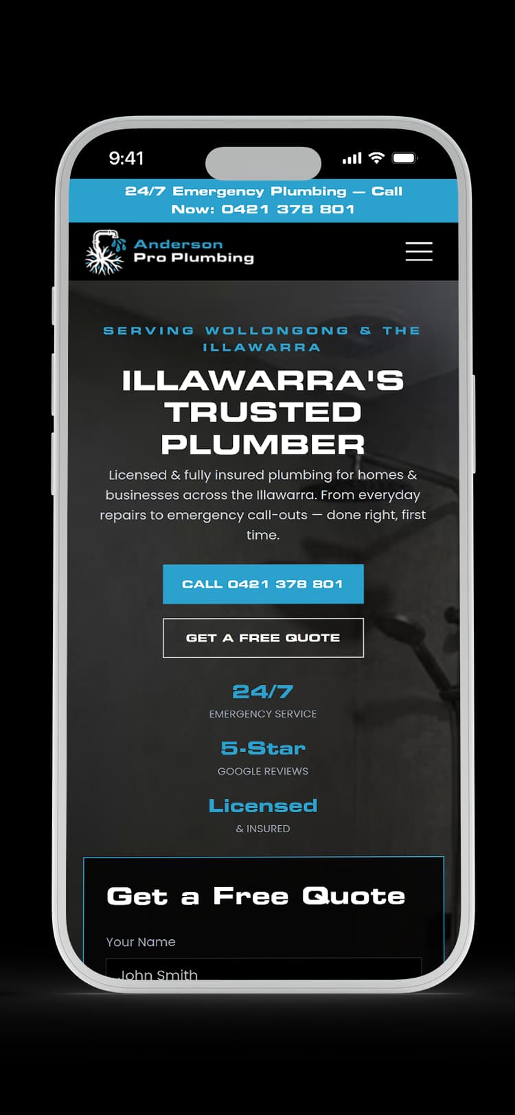 Plumber website design for Anderson Pro Plumbing — mobile mockup