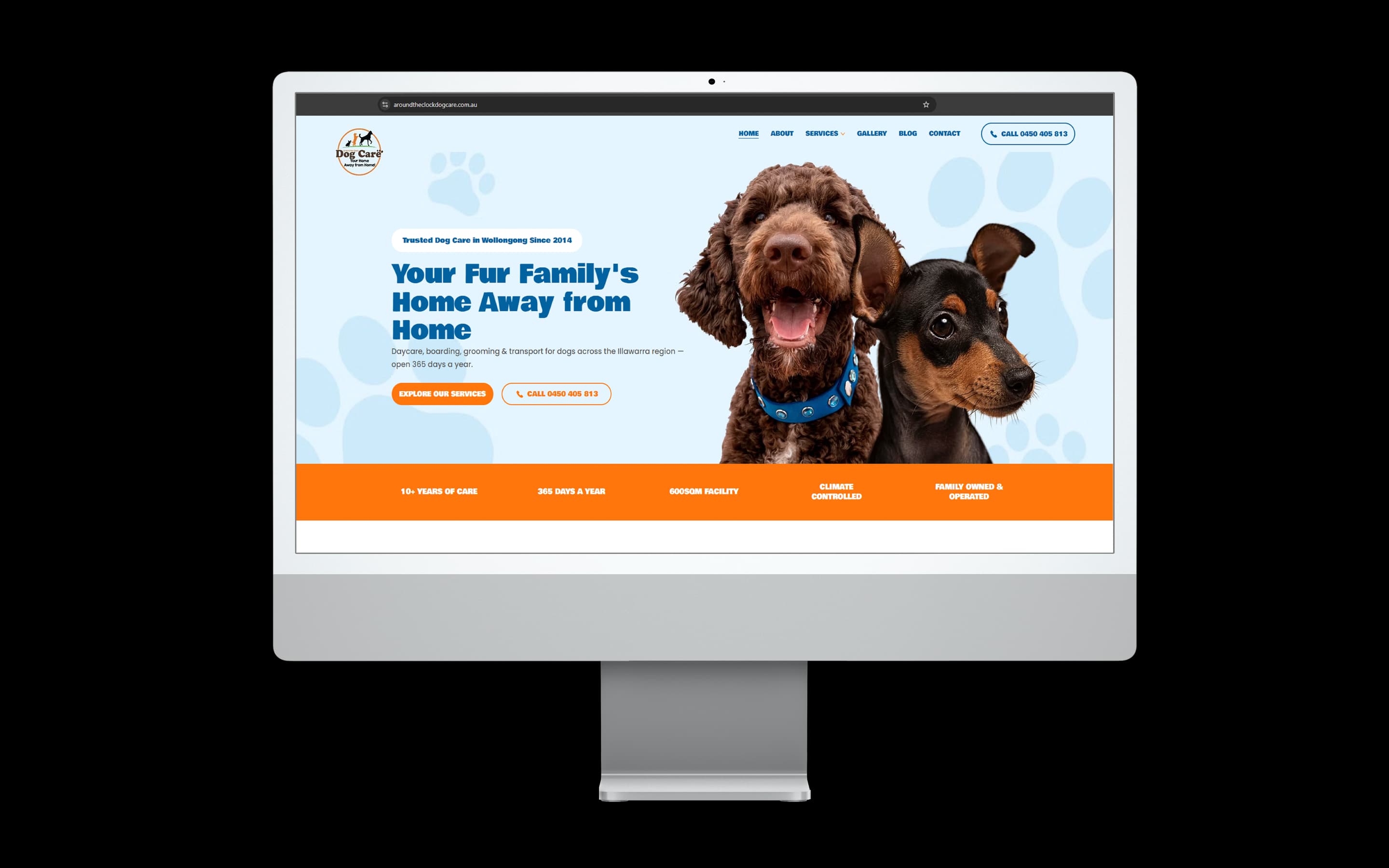 Dog Daycare website design for Around the Clock Dog Care — desktop mockup