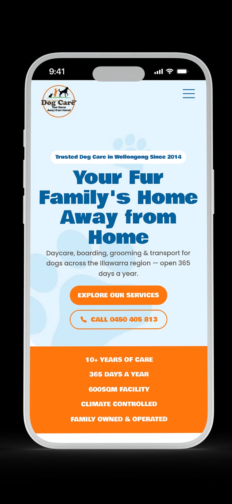 Dog Daycare website design for Around the Clock Dog Care — mobile mockup