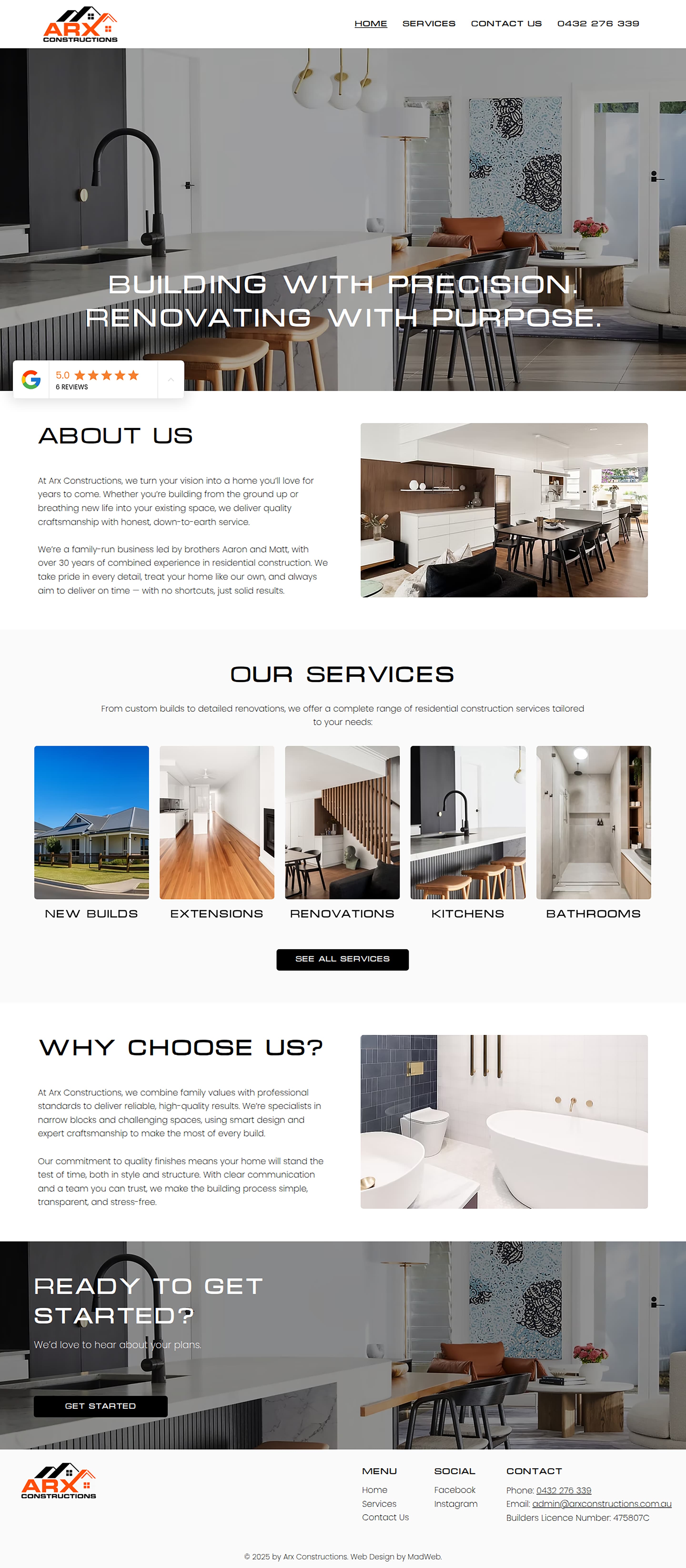 Builder website design for Arx Constructions — full homepage scroll-through