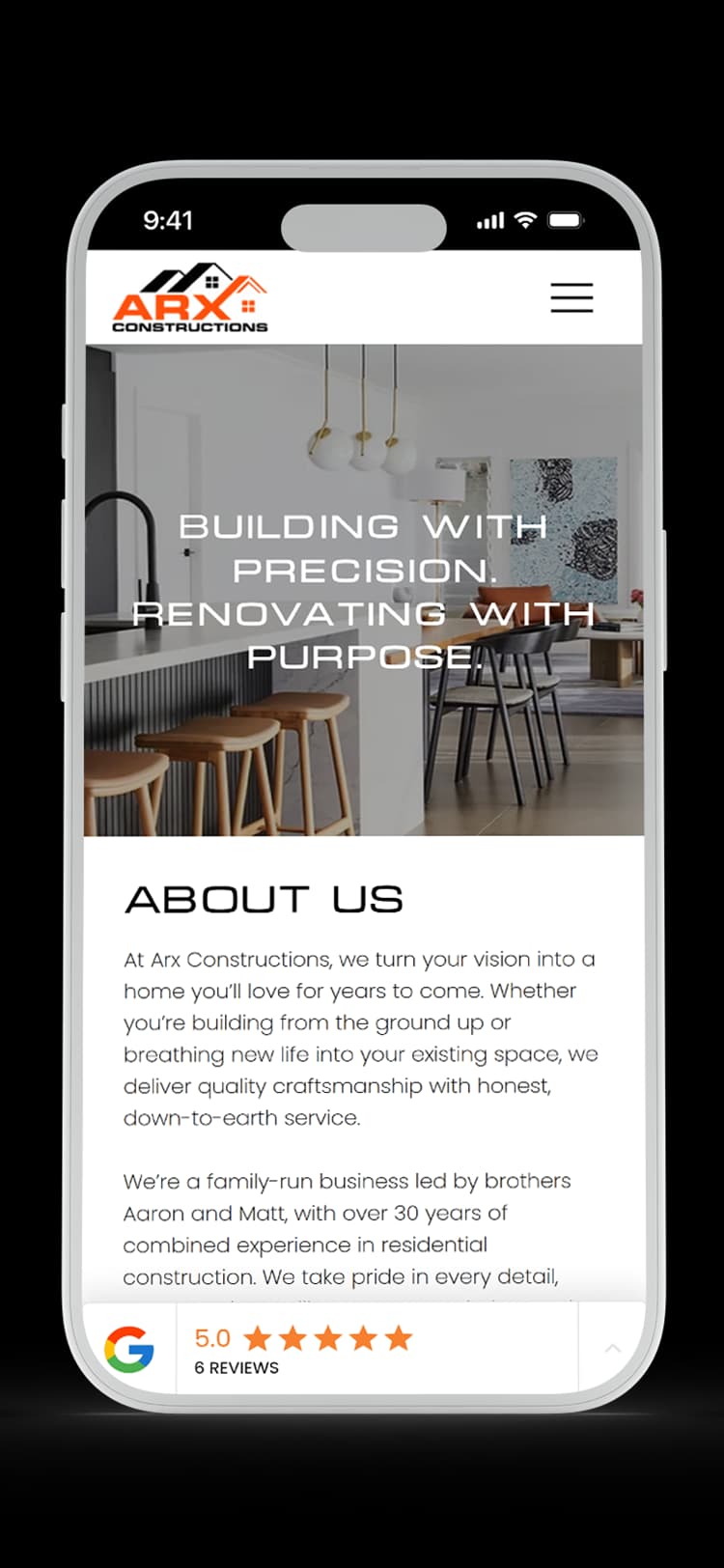 Builder website design for Arx Constructions — mobile mockup
