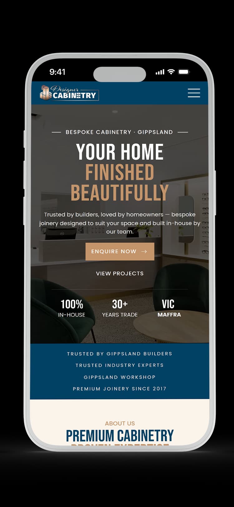 Cabinet Maker website design for Designer Cabinetry — mobile mockup