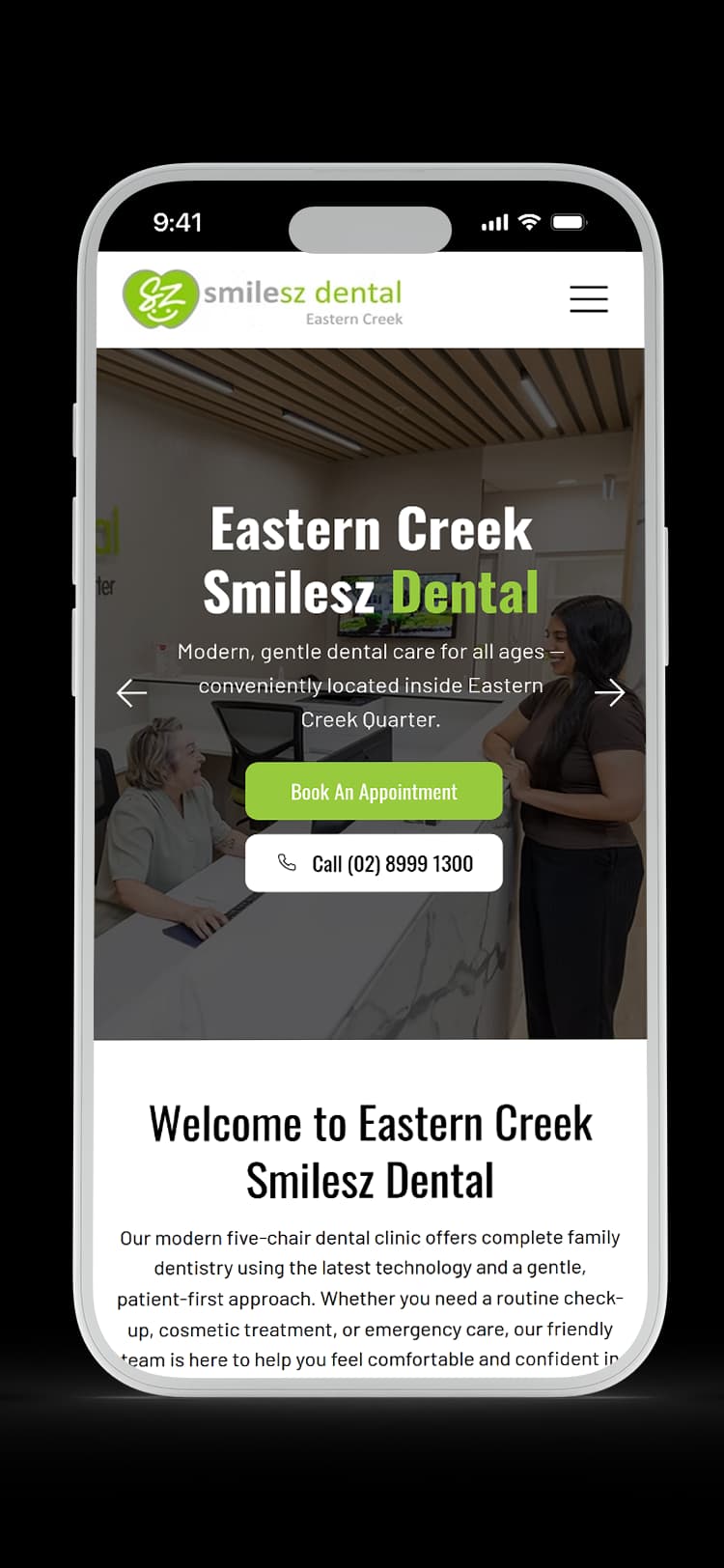 Dental website design for Eastern Creek Smilesz Dental — mobile mockup