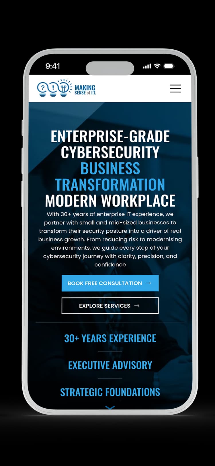 IT Company website design for Making Sense of I.T. — mobile mockup