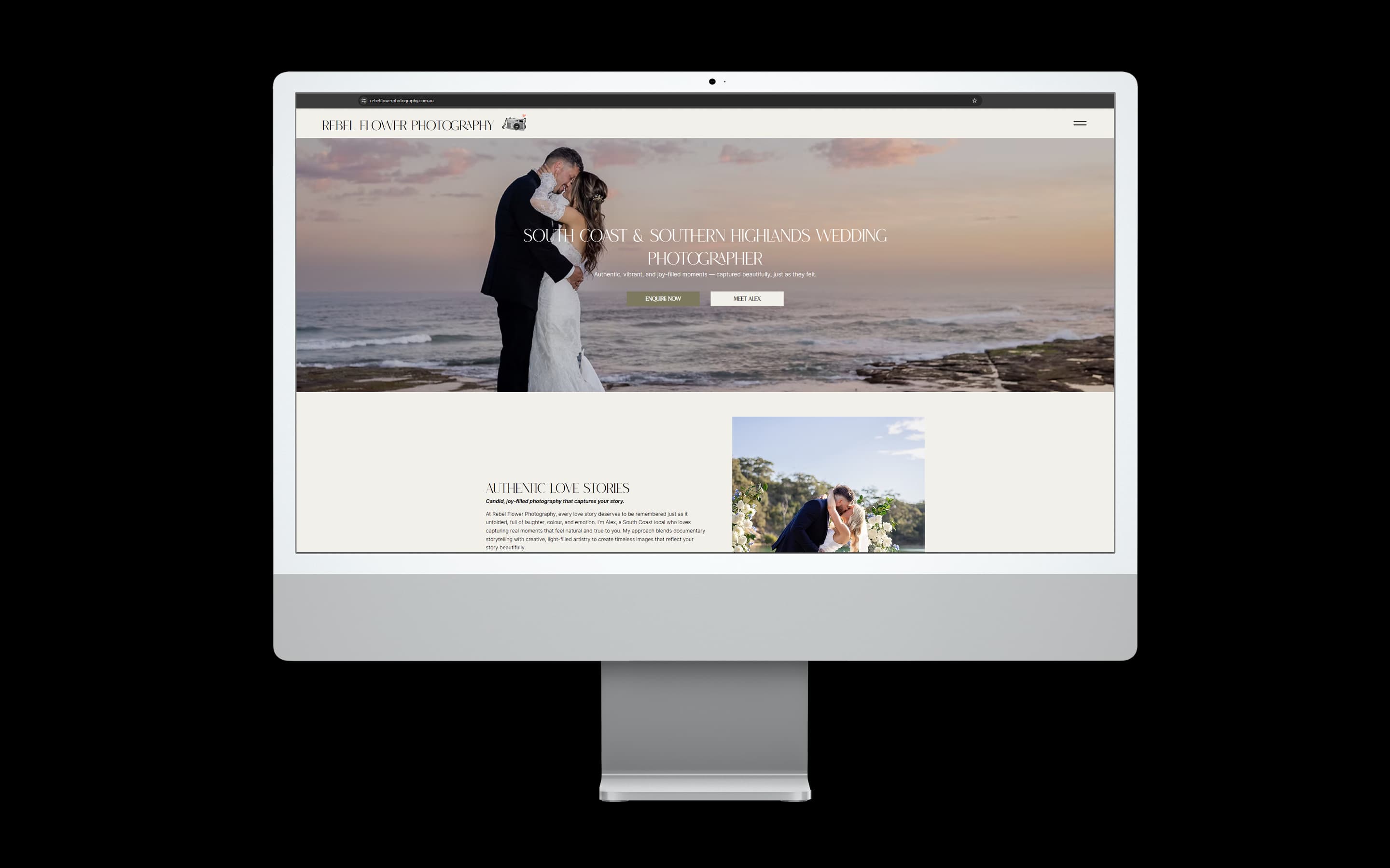 Wedding Photographer website design for Rebel Flower Photography — desktop mockup