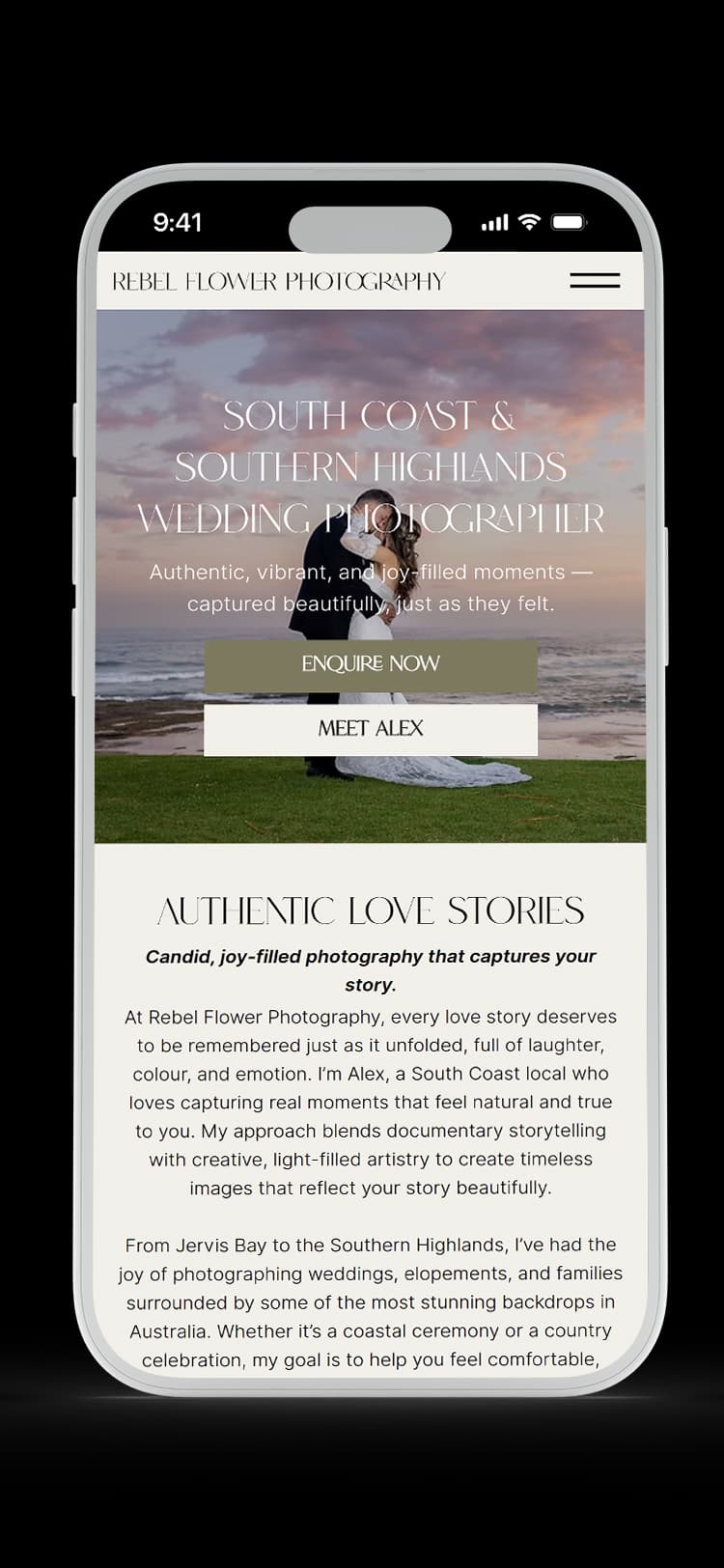 Wedding Photographer website design for Rebel Flower Photography — mobile mockup