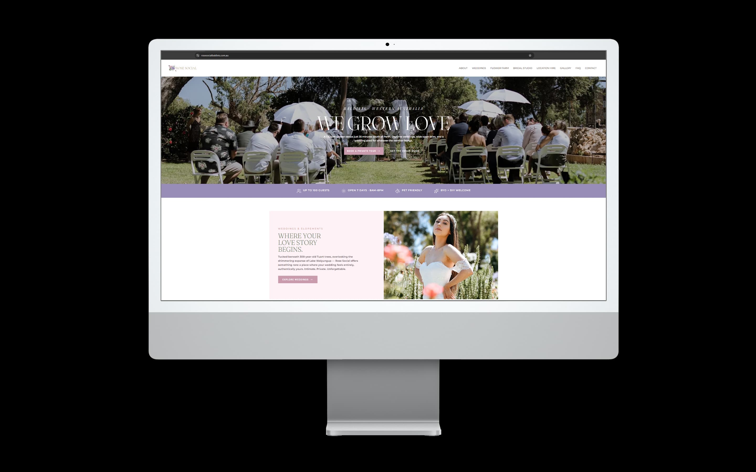 Wedding Venue website design for Rose Social — desktop mockup