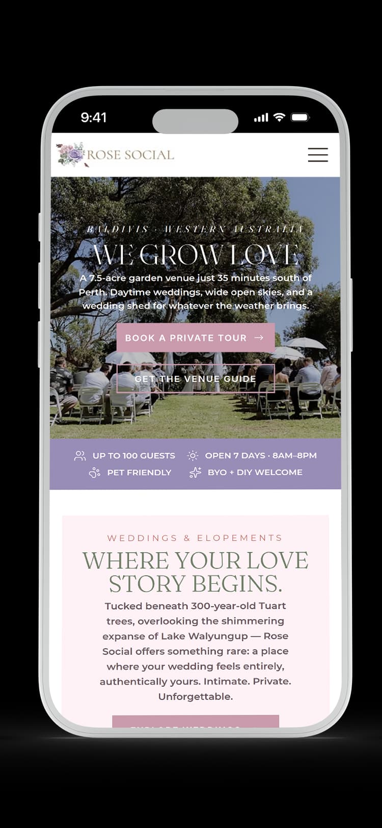 Wedding Venue website design for Rose Social — mobile mockup