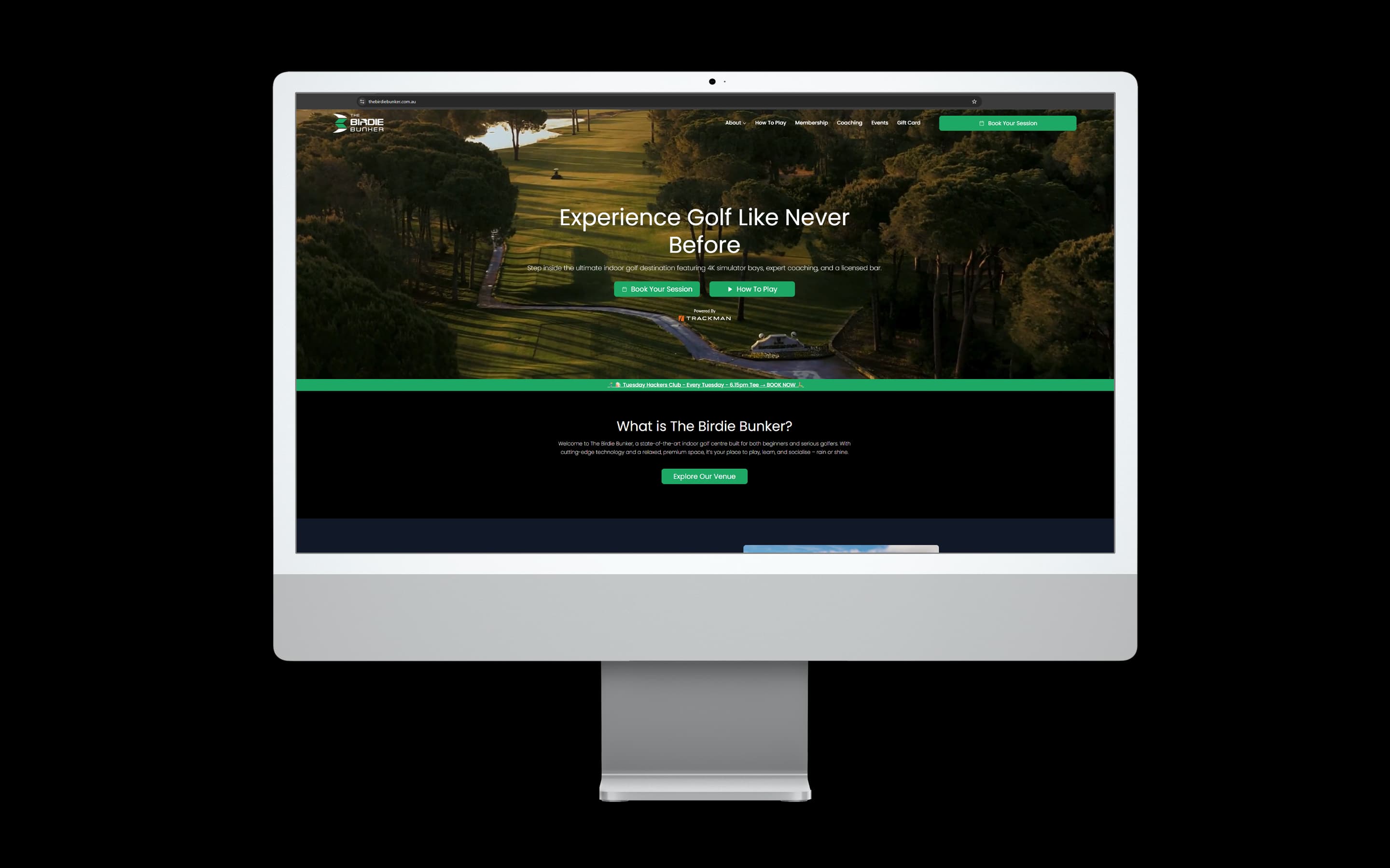 Entertainment Venue website design for The Birdie Bunker — desktop mockup