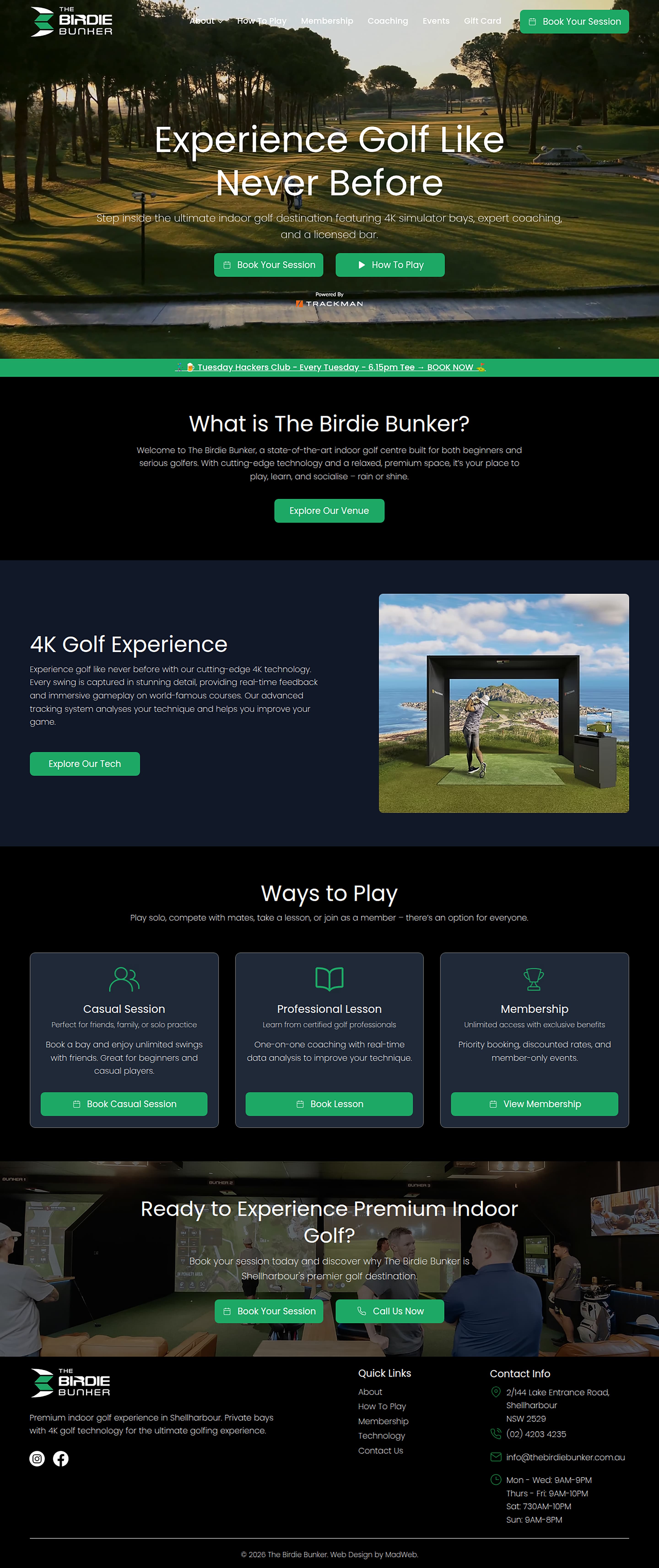 Entertainment Venue website design for The Birdie Bunker — full homepage scroll-through