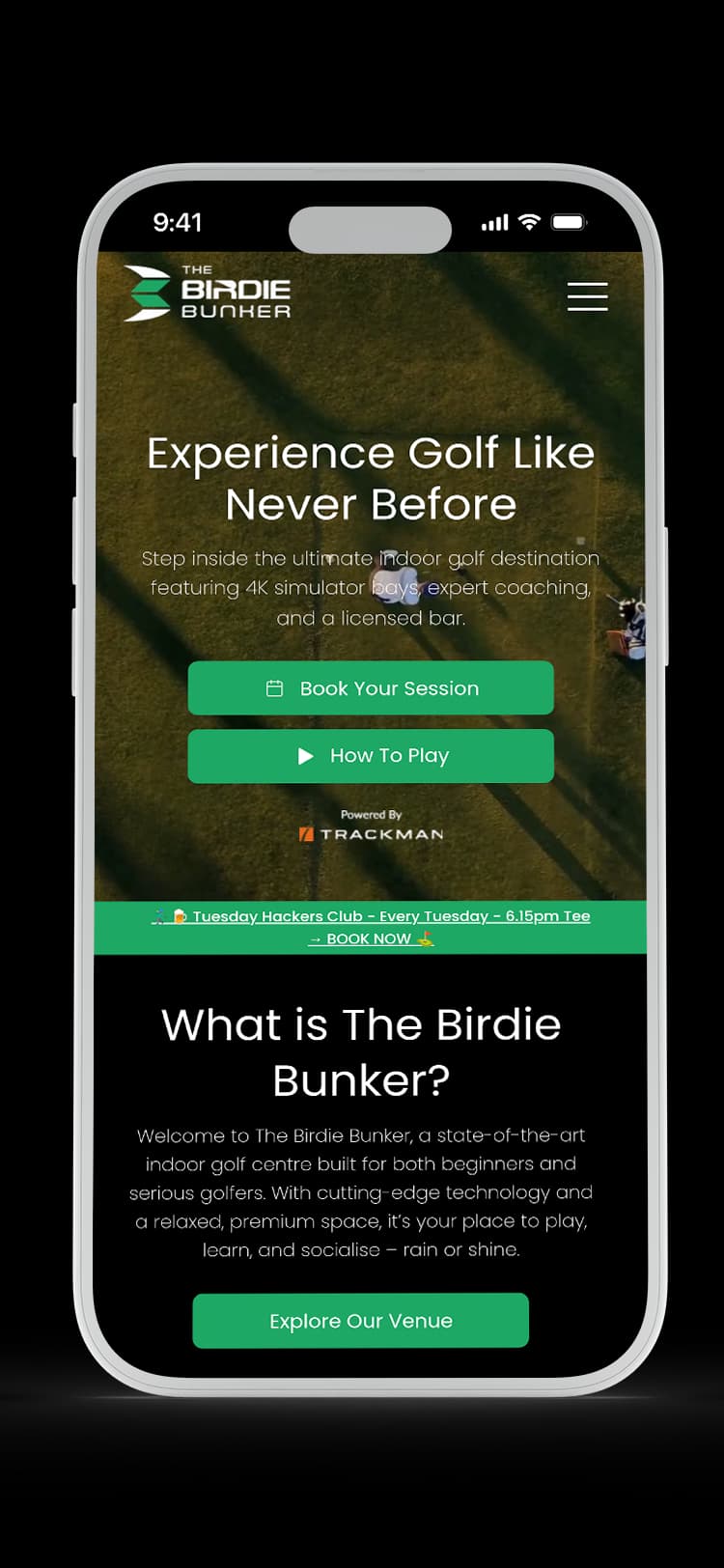 Entertainment Venue website design for The Birdie Bunker — mobile mockup