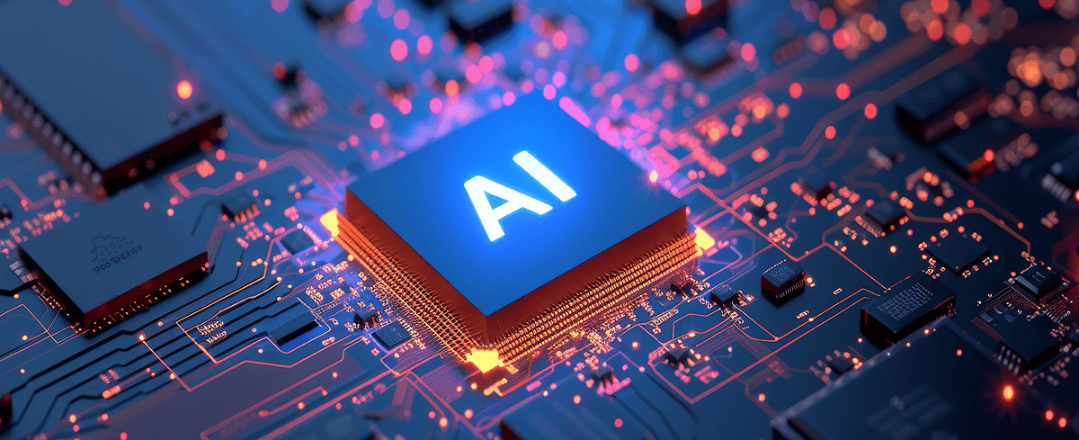 Glowing AI processor chip on a circuit board