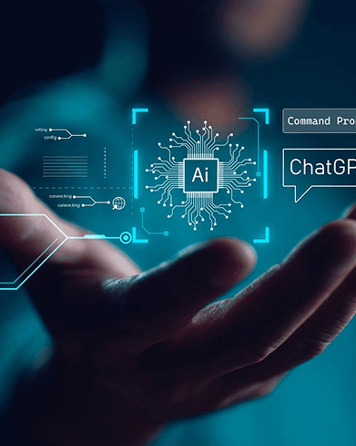 Hand beside a glowing AI chip icon and ChatGPT interface, representing AI search tools