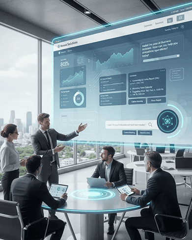 Team presenting an AI business assistant dashboard on a large screen in a meeting room