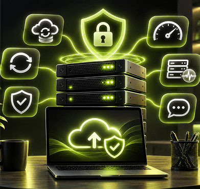 Laptop displaying cloud hosting and security icons representing website hosting and support