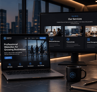 Newly built business website displayed across a laptop and monitor