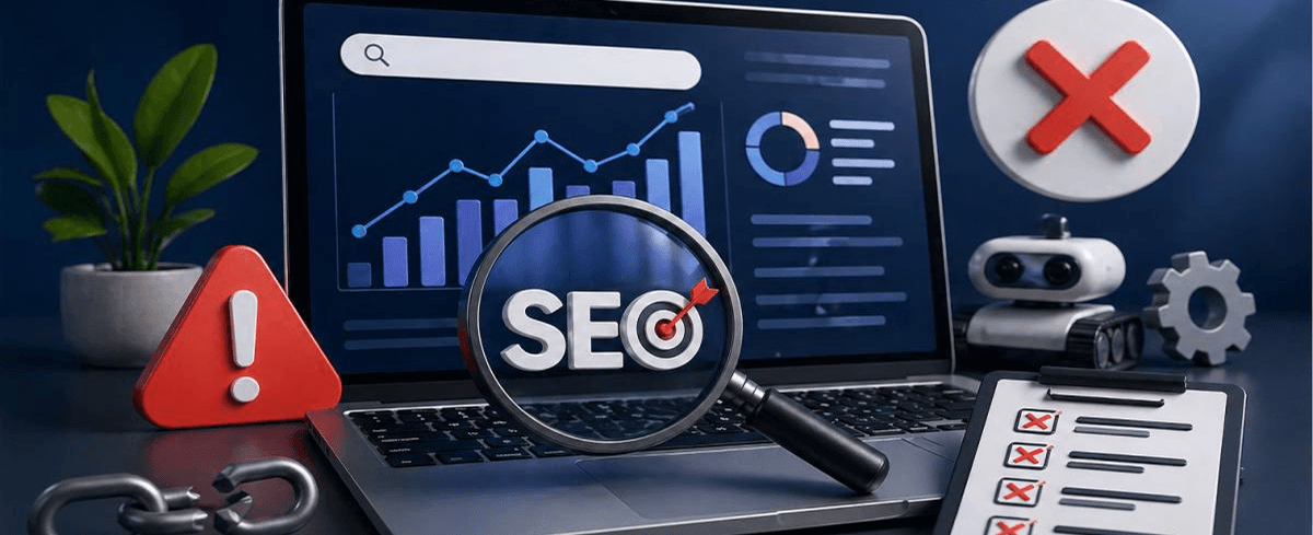 Laptop displaying an SEO growth chart with warning icons highlighting common local SEO mistakes