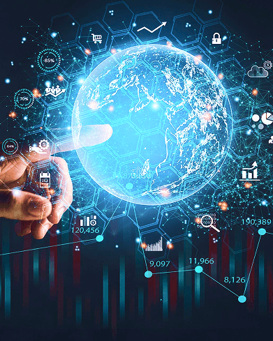 Hand touching a glowing digital globe surrounded by business growth icons and statistics