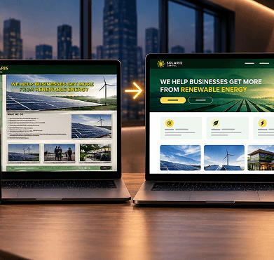 Before and after comparison of a website redesign, old design on the left and the modernised version on the right